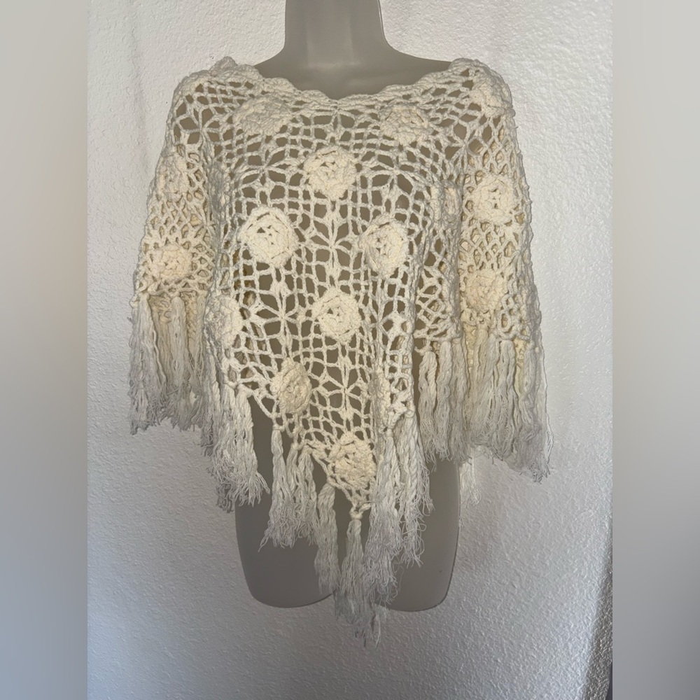 Handmade Energy Crochet Poncho | Fringe & Flowers - Picture 2 of 2